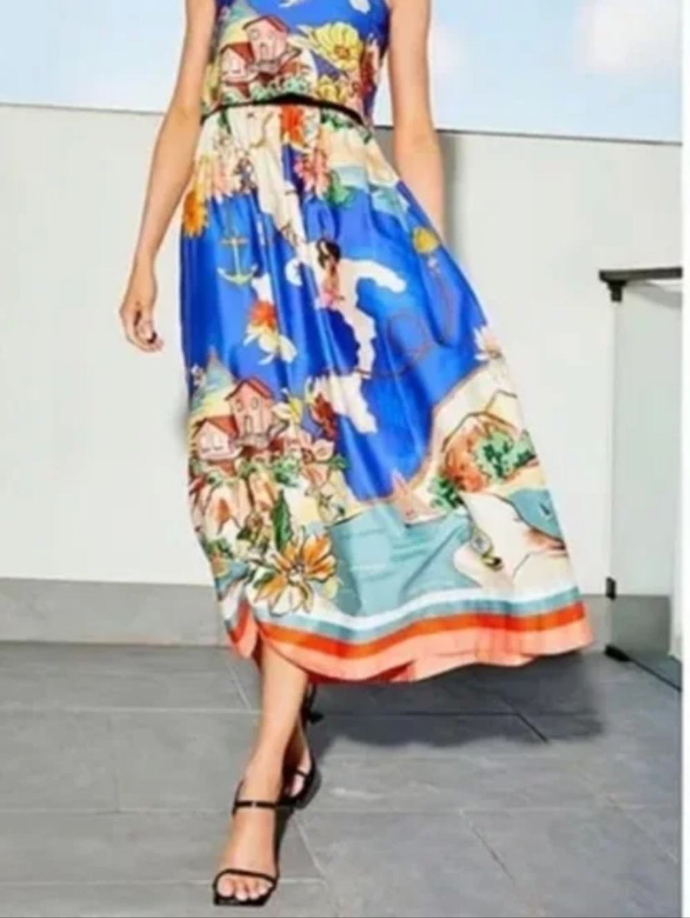 NWT ANTONIO MELANI EVIE Blue Multi Tropical Print Maxi Skirt